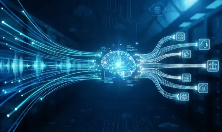 Illustration futuriste d'un standard téléphonique géré par une Intelligence Artificielle (Agent Vocal) qui trie les appels entrants.