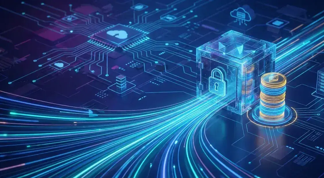 Glowing data streams converging on a secure safe and a stack of coins, an image of invoices moving between tools with no retyping.