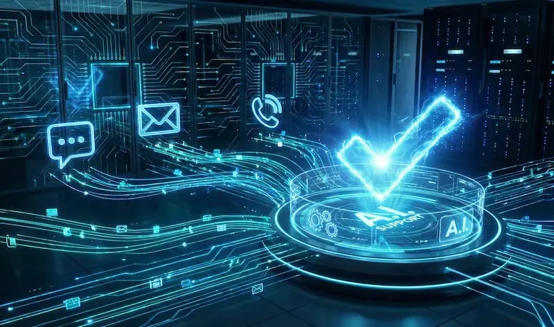 Flux de demandes clients (chat, email) convergeant vers une interface de résolution automatique par IA, symbolisant le support omnicanal NeuraCloud.